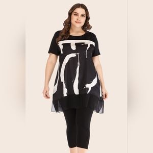 Plus Size Contrast Spliced Mesh T-Shirt and Cropped Leggings 2pc Outfit Set